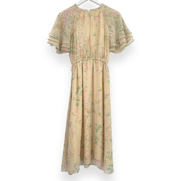 Vintage Dresses & Skirts - Vintage Verona Cream Yellow Floral Midi Short Sleeve Dress sz 8